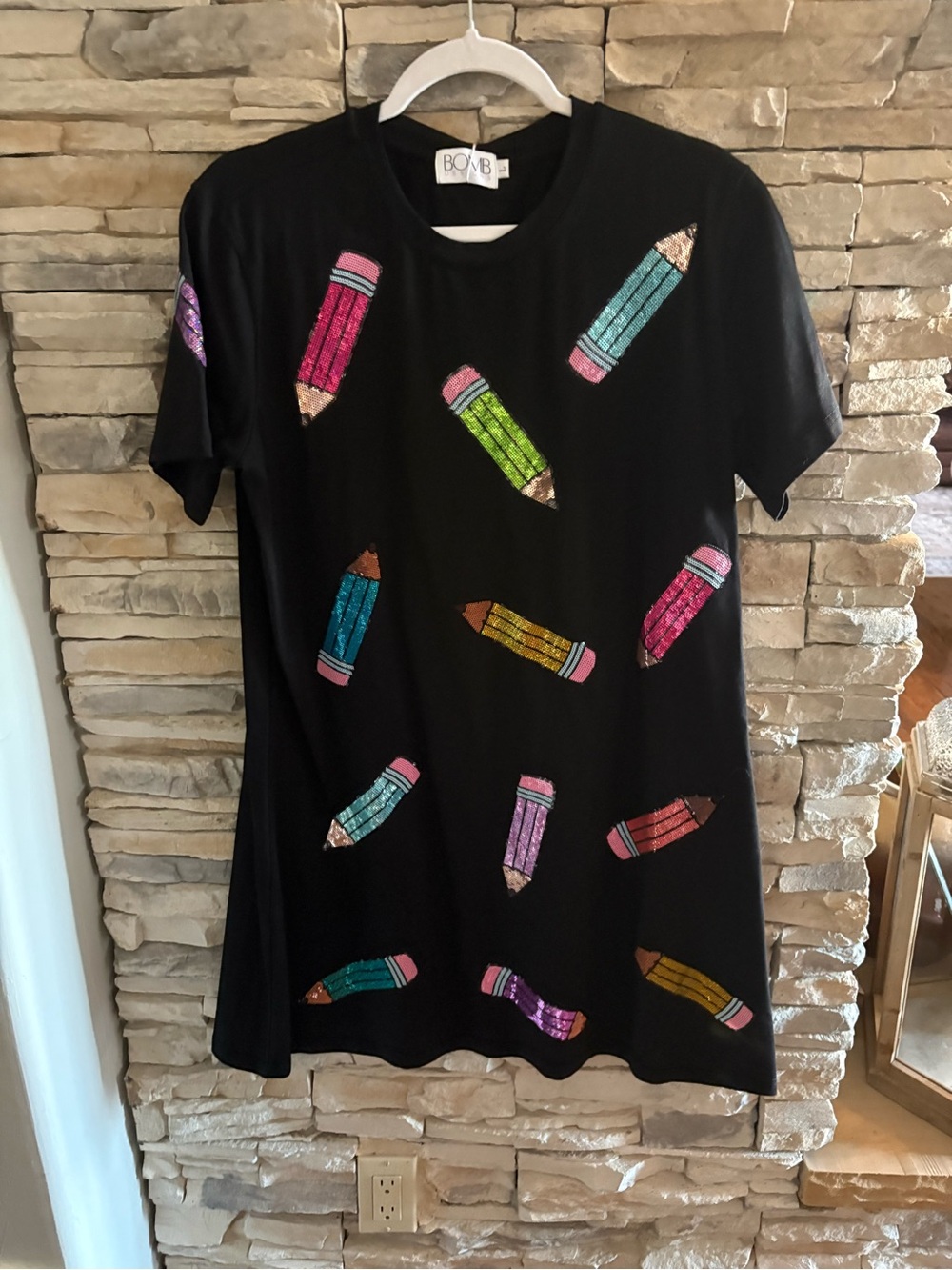 NWT Black Short-Sleeve Tee Dress with Multicolor Sequin Pencils, Size L and XL